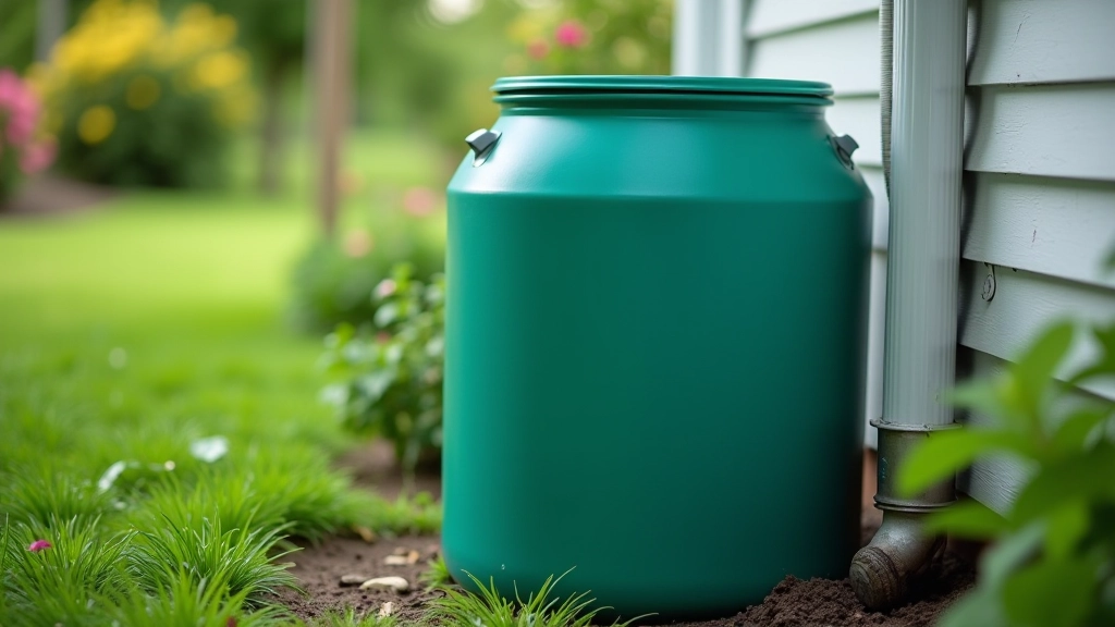 Rainwater barrel setup in garden