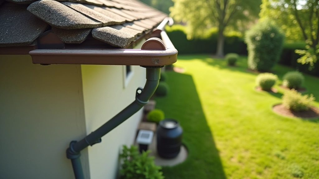 Aerial view of house roof guttering with downspout positioned near garden bed area, showing optimal barrel placement distance