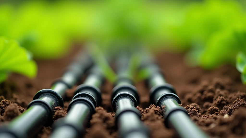 Close-up of black drip irrigation tubing with emitter holes arranged in a vegetable garden bed