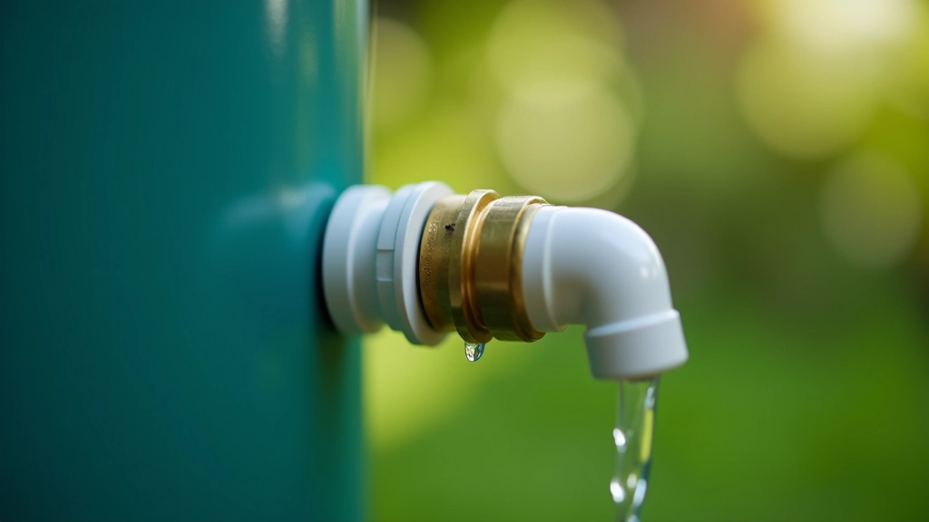 Close-up detail of downspout pipe connecting to rain barrel with brass fitting and overflow tube visible
