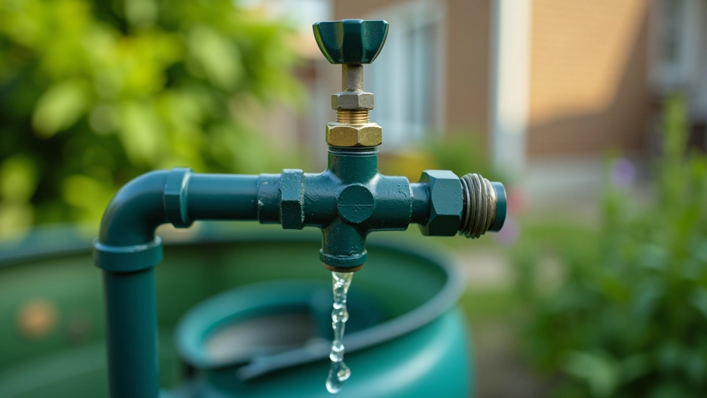 Close-up of rain barrel tap and connection points showing proper maintenance and water access in a residential garden