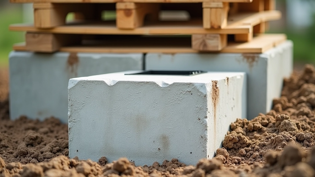 Close-up view of concrete foundation blocks and wooden platform supporting a plastic rain barrel with proper weight distribution