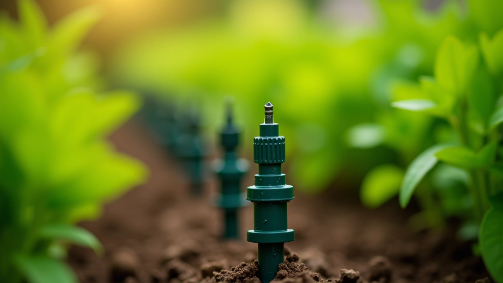 Garden bed with drip emitters positioned at plant bases showing water droplets forming at emitter outlets in vegetable garden