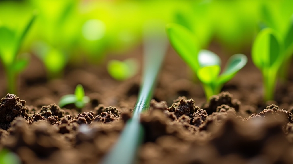 Drip irrigation line running through soil with water droplets emitting from emitter holes into vegetable garden bed
