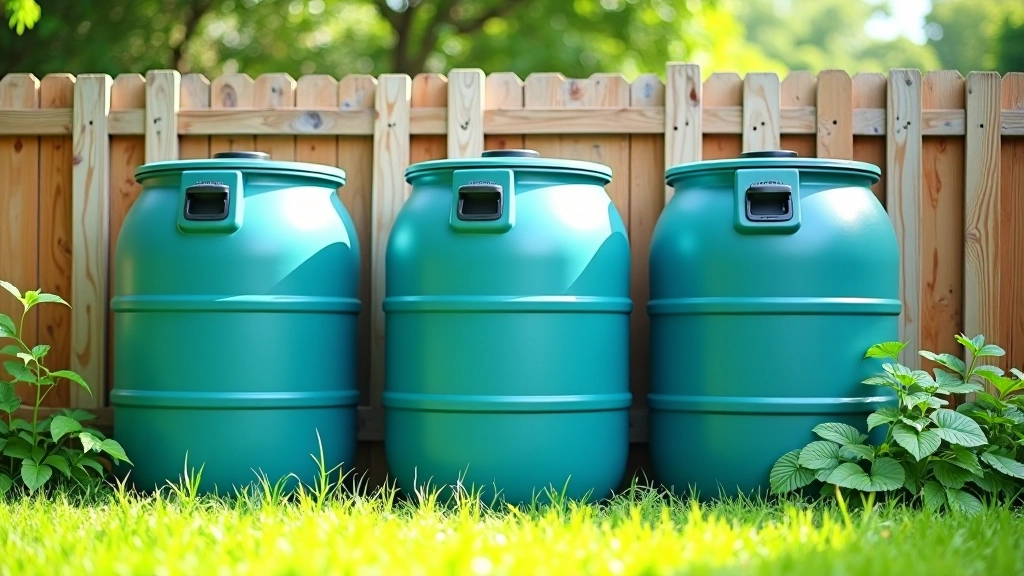 Three rain barrels arranged together against a wooden fence with connecting hoses between them