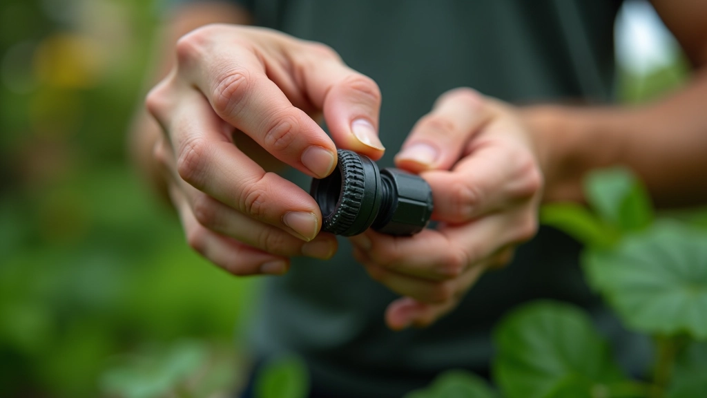 Close-up hands connecting barbed fittings to drip tubing showing proper connection technique and compression ring placement