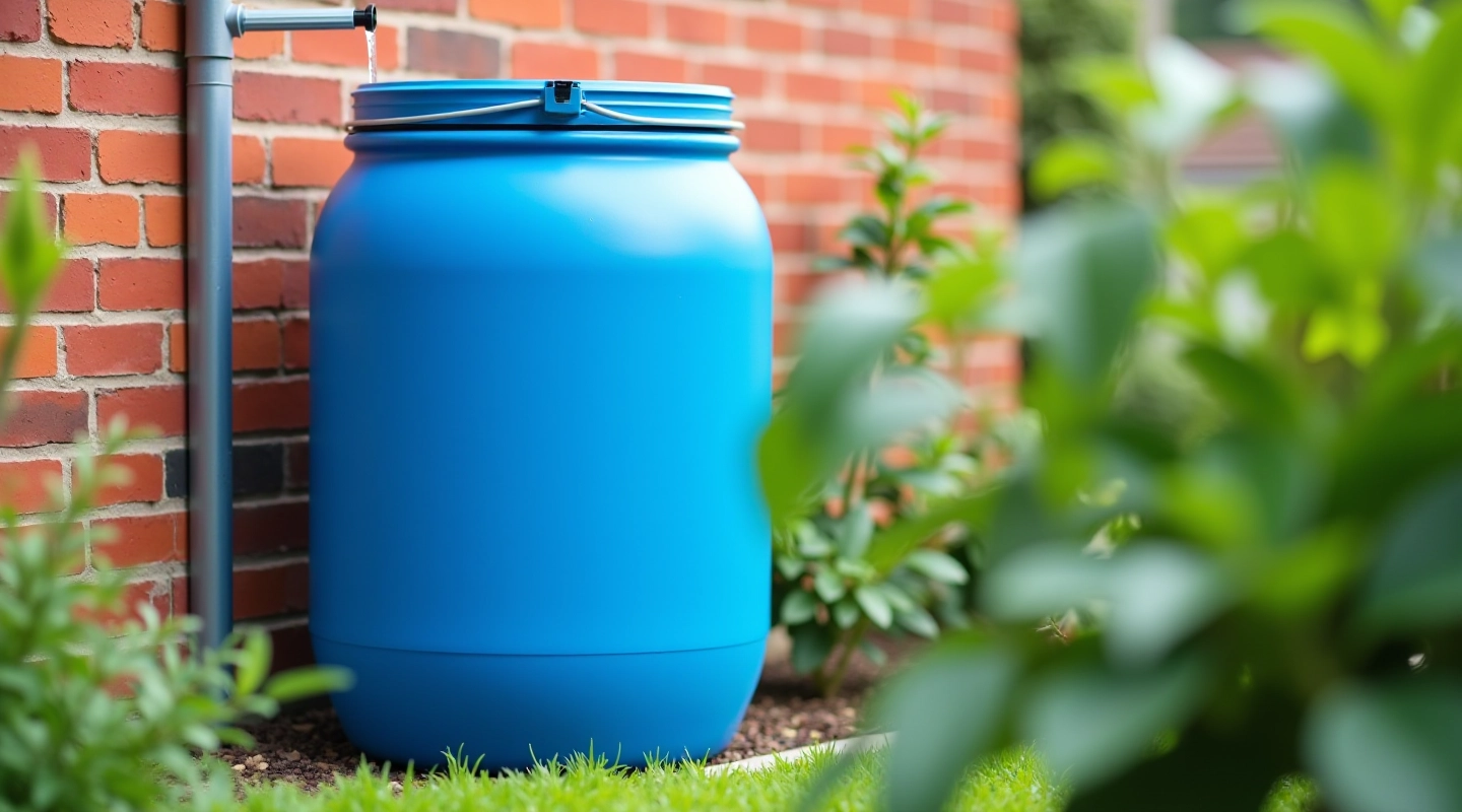 Large blue plastic rain barrel positioned against a brick garden wall with a downspout connection