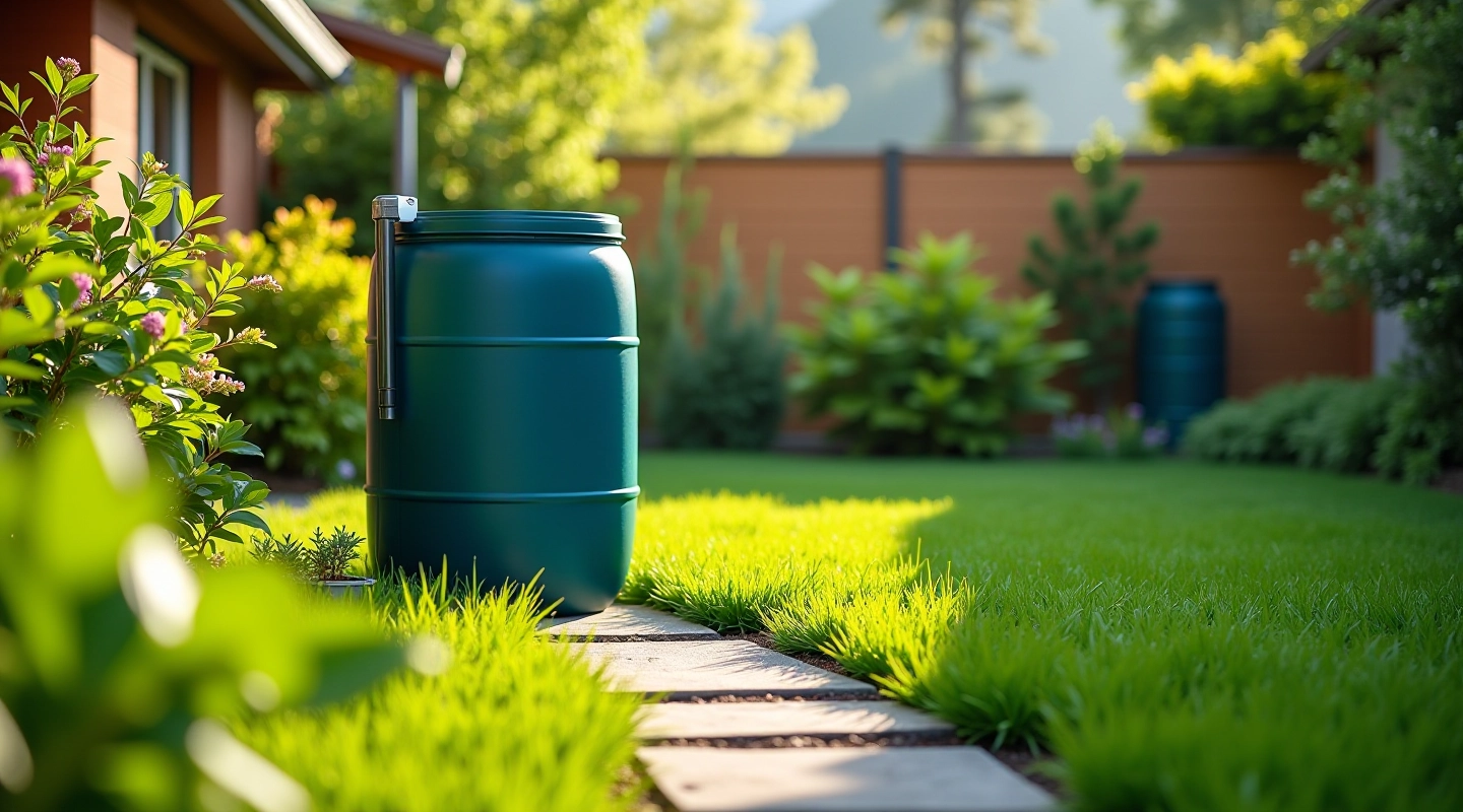 Professional rainwater collection barrel system in a garden setting