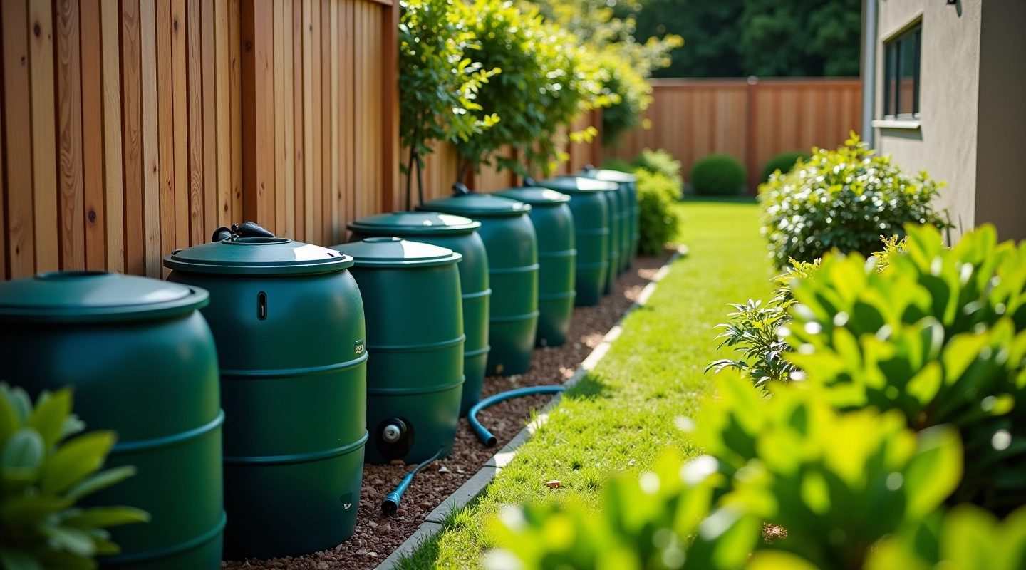 Overhead view of a modern garden rainwater barrel collection system with drip irrigation lines running through raised beds and plants