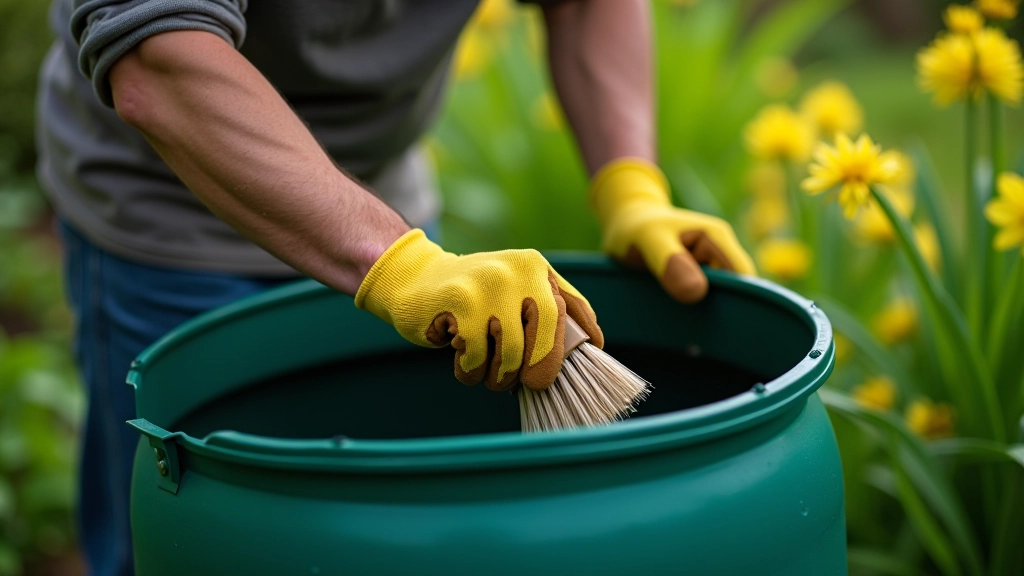 Person wearing gloves cleaning inside rain barrel with soft brush, spring garden background with budding trees