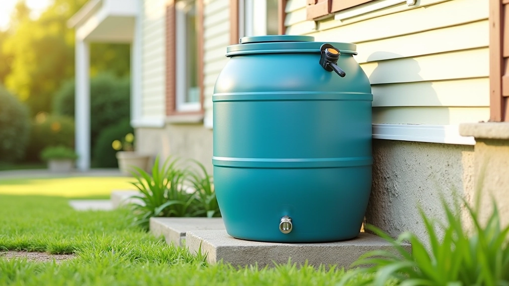 Diagram showing proper rain barrel placement against a house foundation with downspout connection and level ground preparation