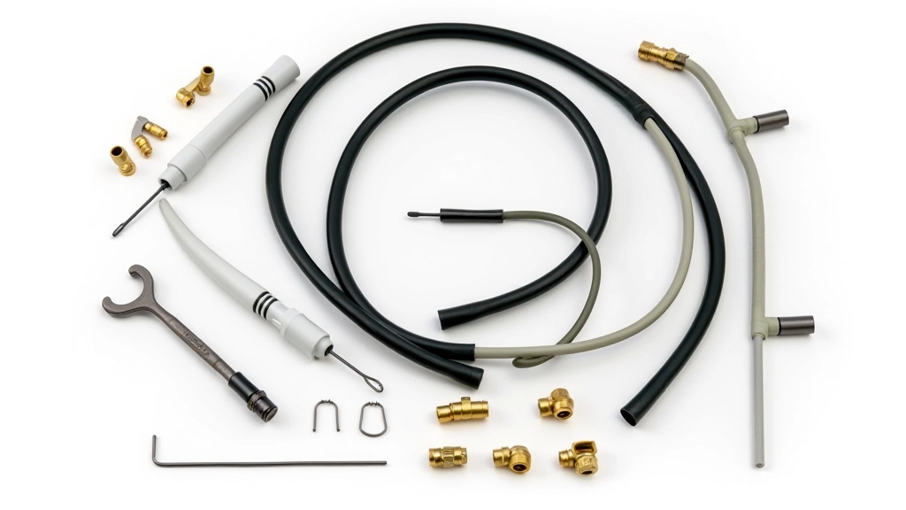 Variety of drip irrigation hose sizes and fittings displayed on white background, showing 1/2-inch main line, 1/4-inch tubing, and brass barbed connectors