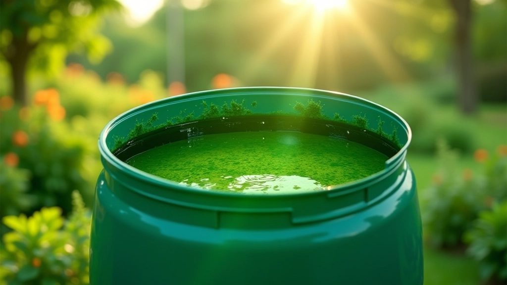Transparent view of rain barrel with visible algae green growth on interior walls, summer sun creating shadows