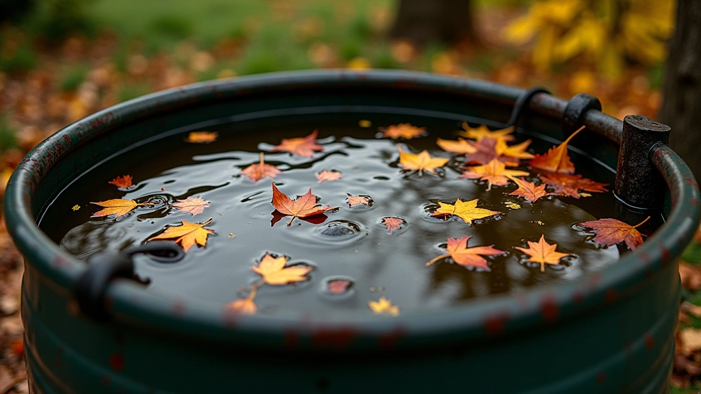 Autumn leaves floating on rain barrel water surface, debris accumulation visible, fall trees in background