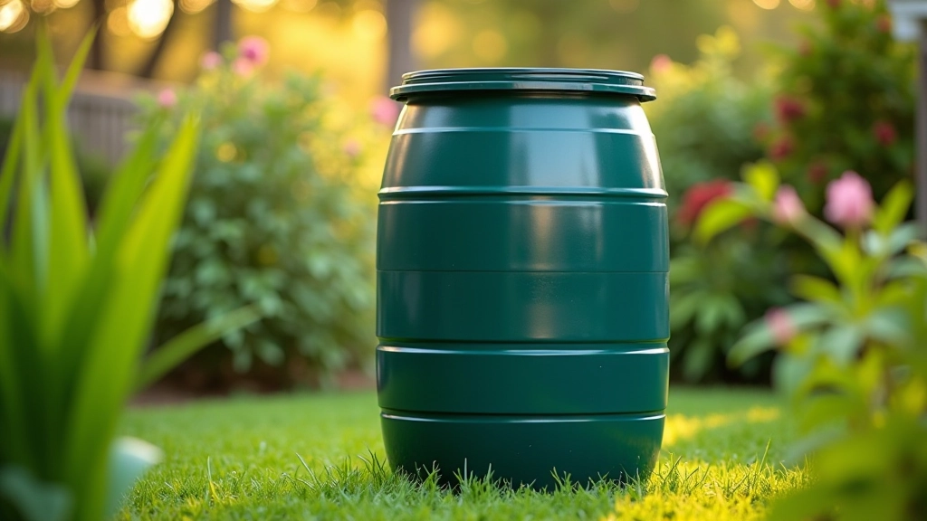 Wide view of rain barrel positioned with clear space around it, showing comfortable access for maintenance and cleaning