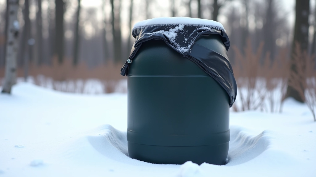 Rain barrel covered with protective tarp in winter, snow surrounding barrel, frost-covered garden setting