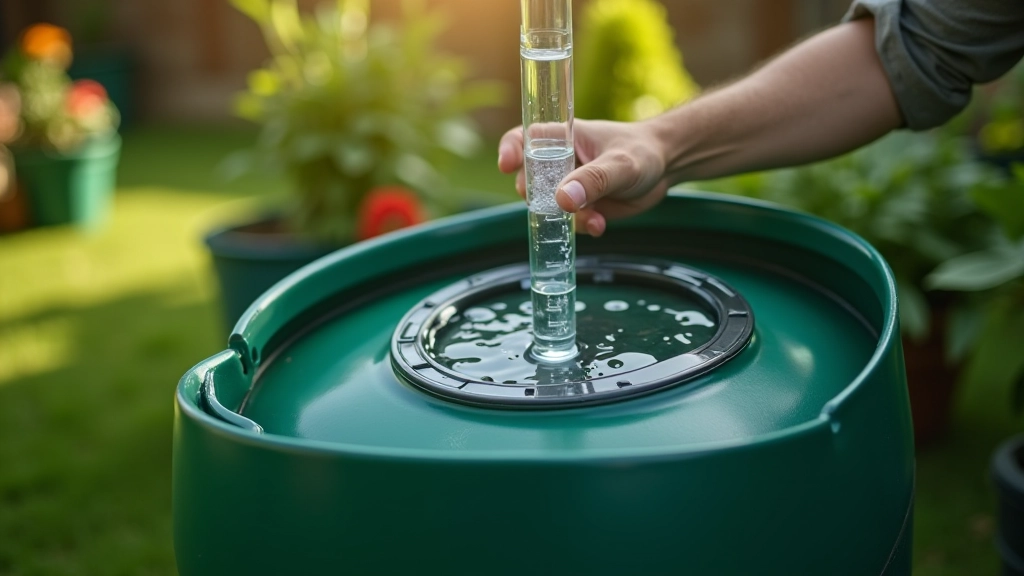 Clean rain barrel with water level gauge and covered opening, bright outdoor setting