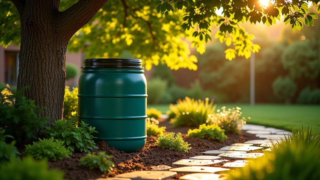 Rain barrel in garden setting showing partial shade from nearby trees, proper drainage around foundation, residential setting