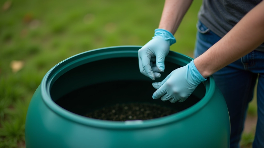 Hand checking inside a rain barrel for algae and sediment buildup, showing maintenance tools nearby