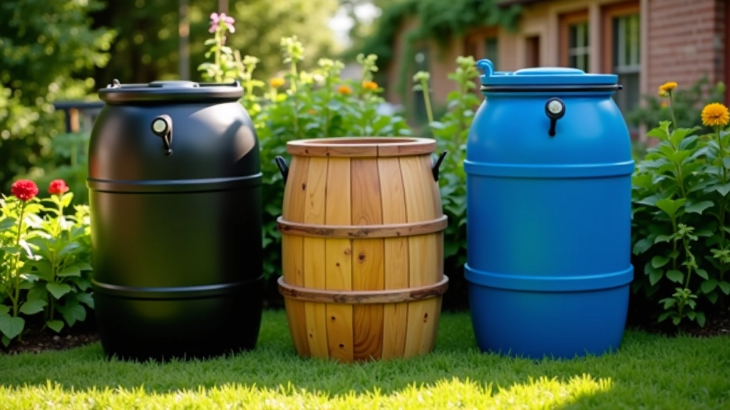 Three different rain barrel styles displayed side by side: black plastic, natural wood, and blue plastic options in a garden setting
