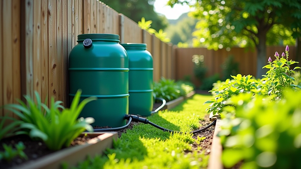 Full view of a residential garden rainwater collection system with barrels, downspout connections, and drip irrigation lines running to vegetable beds and plants