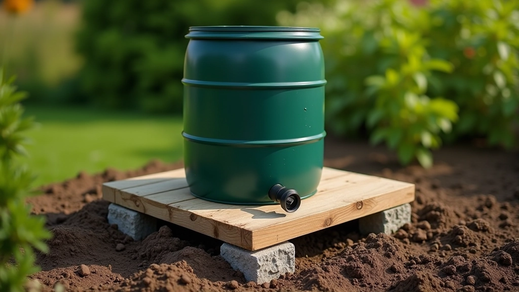 Wooden platform base with concrete blocks supporting a large rain barrel, showing proper foundation setup